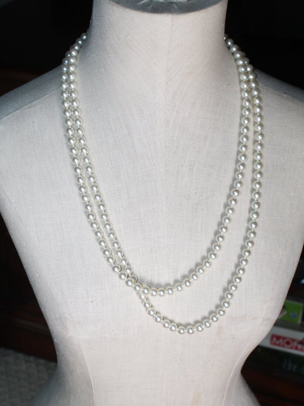 Vintage 58" Hand Knotted Faux Pearl Opera Length Necklace Cream Multi Strand